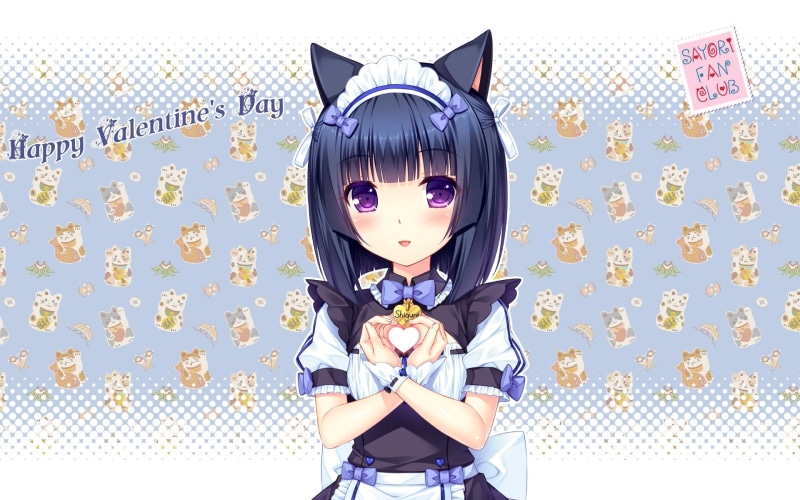 eyes, 1080P, heart, animal, sayori, short, wristwear, catgirl, 236420, com, headdress, black, ears, valentine, blush, hair, uniform, konachan, purple