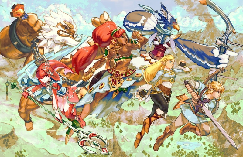 braids, weapon, scenic, red, 720P, wristwear, urbosa, sword, armor, konachan, 262458, daruk, skirt, eyes, gloves, male, sky, ponytail, clouds, animoose