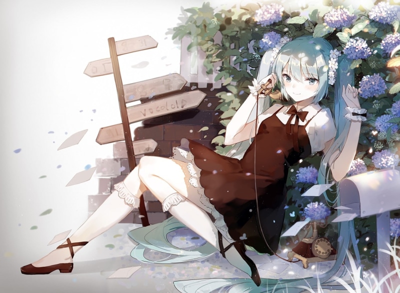 aqua, hatsune, miku, long, bow, hair, petals, (kanl), 720P, konachan, twintails, vocaloid, aiko, flowers, com, eyes, dress, wristwear, 247782