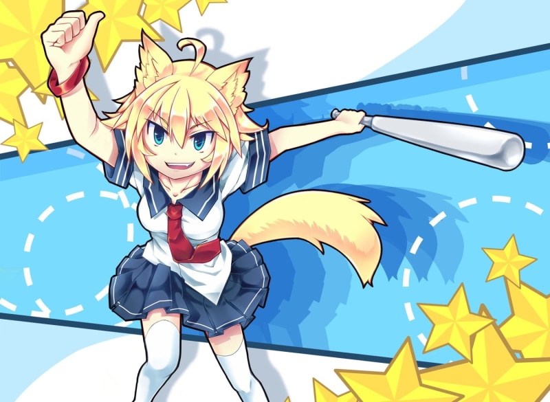 skirt, urotsuki, blue, bat, tie, baseball, 720P, foxgirl, ears, 2kki, animal, yume, wristwear, thighhighs, hair, seifuku, eyes, nongqiling, blonde
