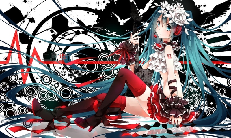 ryouiki, eyes, miku, long, 720P, boots, tattoo, toutenkou, aqua, blue, zettai, hatsune, vocaloid, wristwear, animal, hair, headphones, flowers, bird, twintails