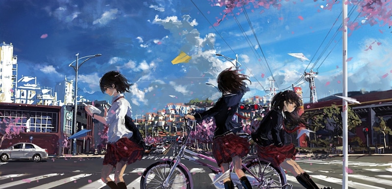 kneehighs, seifuku, dts, clouds, hair, 720P, building, short, sky, book, skirt, original, long, black, wristwear, scenic, bicycle, car, city, tree, stu