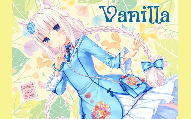 blush, chinese, eyes, dress, com, 255867, aqua, nekopara, wristwear, white, sayori, 1080P, hair, braids, twintails, konachan, catgirl, ears, long, flowers