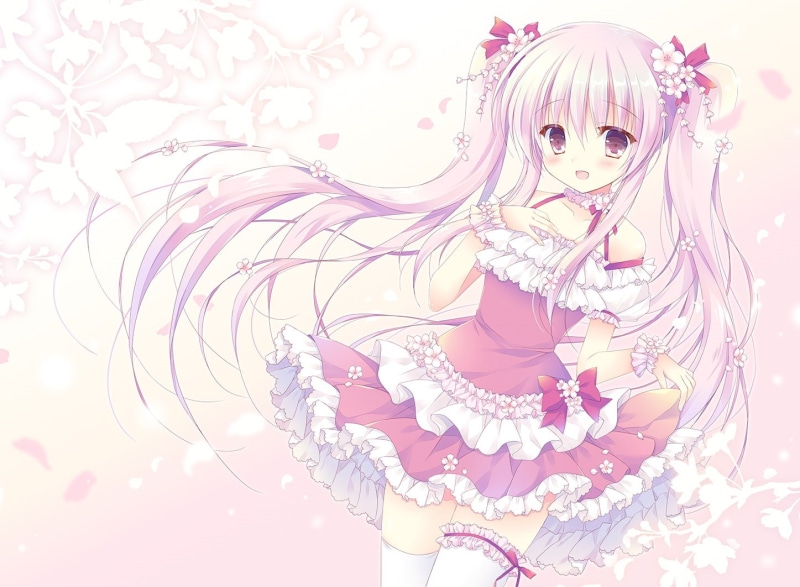 blush, konachan, vocaloid, representation, thighhighs, front view, 720P, dress, ribbons, eyes, looking at camera, petals, art and craft, portrait, decoration