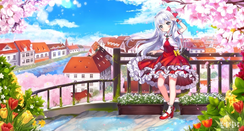 building, dress, eyes, socks, city, 1080P, wristwear, reflection, water, flowers, 242178, bow, white, konachan, original, pass35, petals, com, hair, clouds