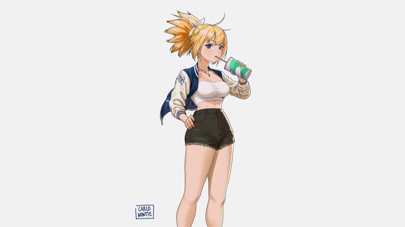 blue eyes, necklace, blonde, ponytail, drink, short hair, blush, 2K, Kohaku (Dr. Stone), shorts