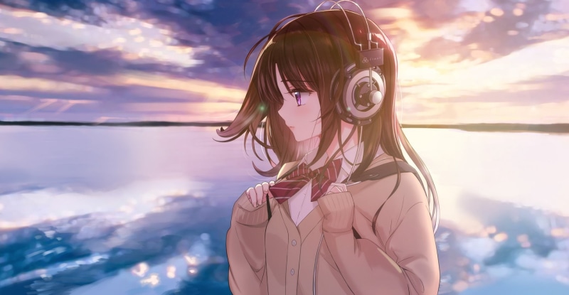 Headphones, 1080P, Long Hair, Anime, bow (Clothing), Brown Hair, Purple Eyes