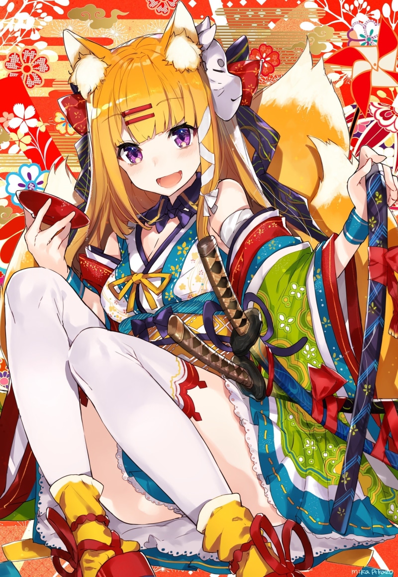 2K, fox girl, art and craft, long hair, paint, still life, mask, day, Japanese kimono, large group of objects, indoors, smiling, no people, frills, festival