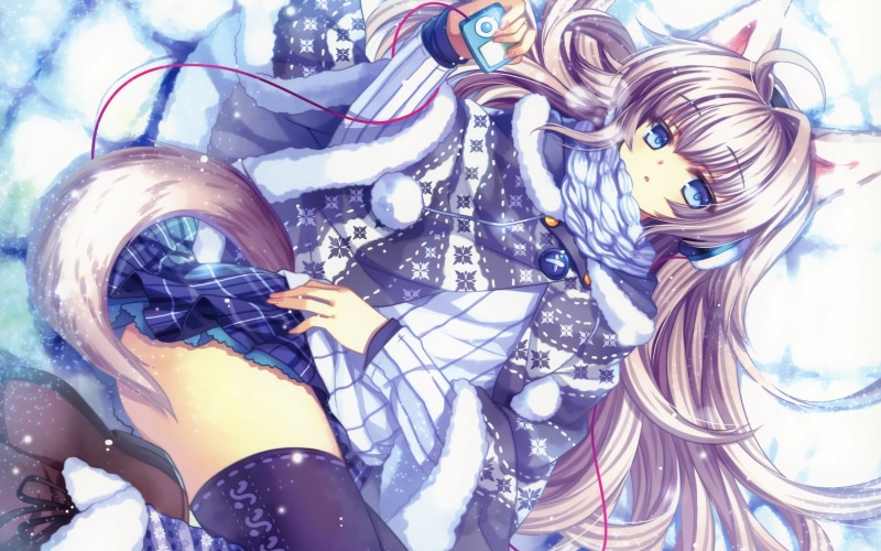 winter, large group of objects, scarf, abundance, indoors, shoe, still life, anime, silver colored, haired, digital, blue, tail, thigh-highs