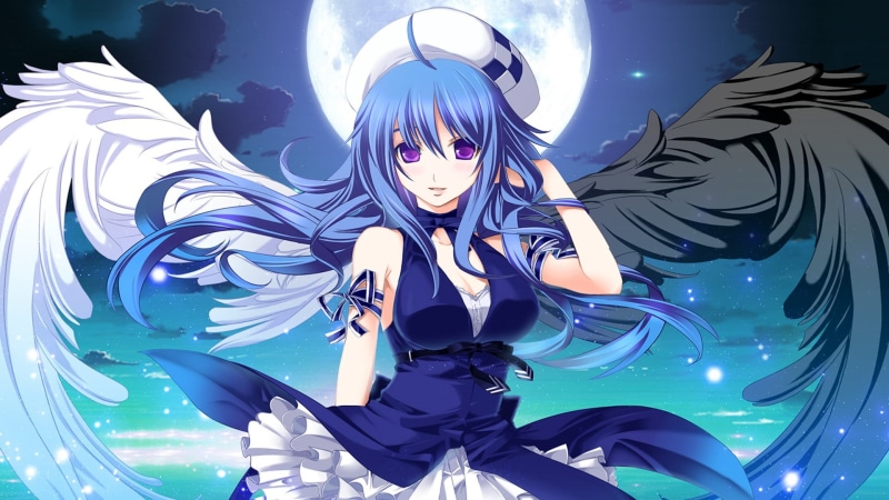 creativity, Moon, dress, girl, waist up, one person, blue dress, young adult, 1080P, illustration, human representation, blue hair, white, ribbon, night