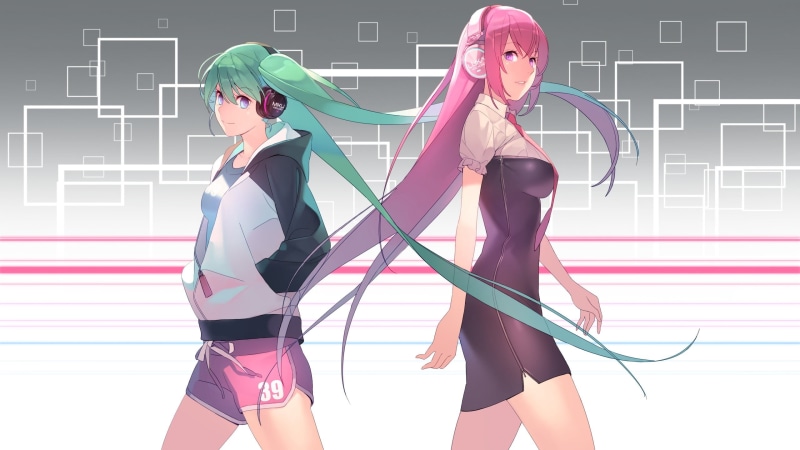 connection, technology, front view, illustration, lifestyles, headphones, indoors, pink hair, hoods, shorts, purple eyes, anime girls, twintails, young women