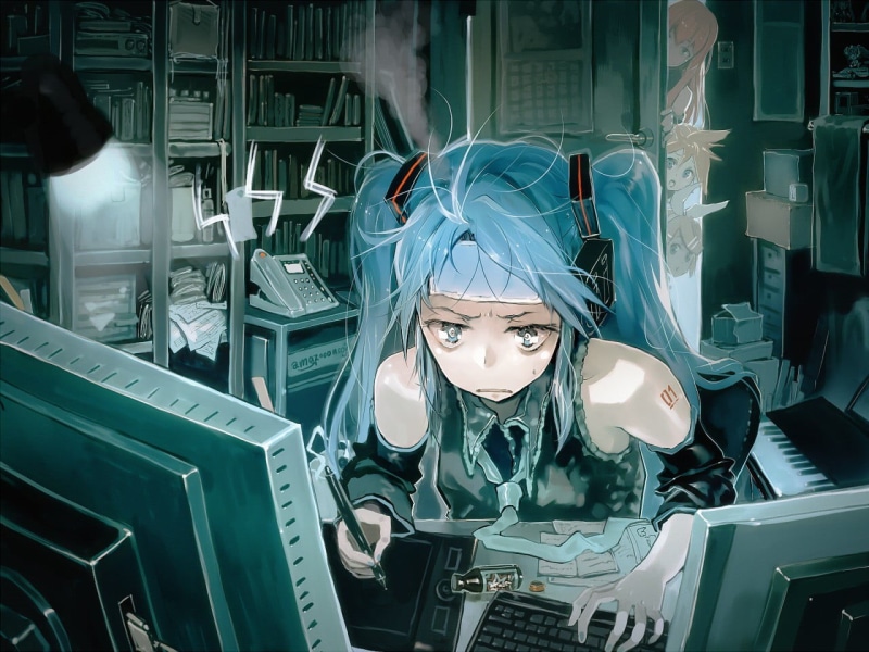 technology, headphones, Hatsune Miku, tattoo, portrait, looking at camera, 720P, books, miku, working, one person, Kagamine Len, occupation, tie, headshot