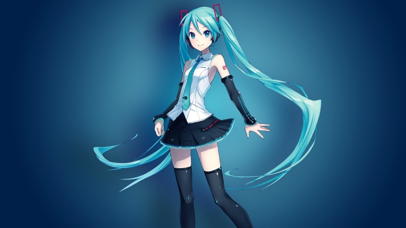 standing, long hair, fashion, Hatsune Miku, robot, indoors, colored background, beautiful woman, anime, studio shot, blue, young adult, illuminated, 4K