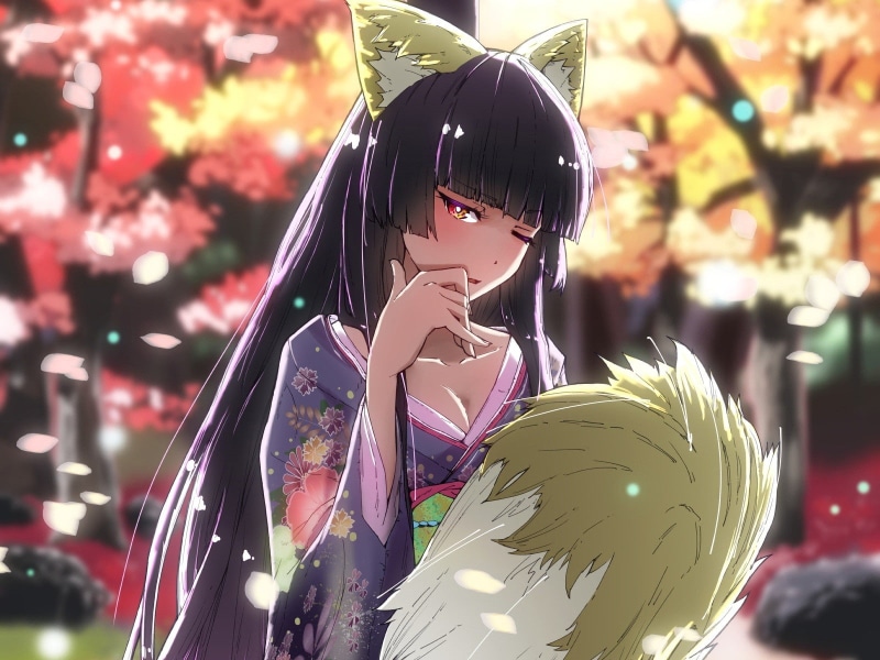 anime girls, animal ears, tail, yukata, anime, long hair, Japanese clothes, cleavage, 720P