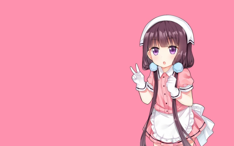 Peace Sign, pink color, Brown Hair, headphones, one person, Dress, girls, beautiful woman, Pink Dress, front view, studio shot, Purple Eyes, Anime, Maid