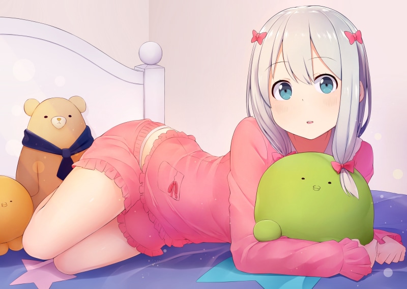Izumi Sagiri, loli, white hair, 2K, Eromanga-sensei, aqua eyes, short hair, bed, shorts, blushing, white background, hair bows