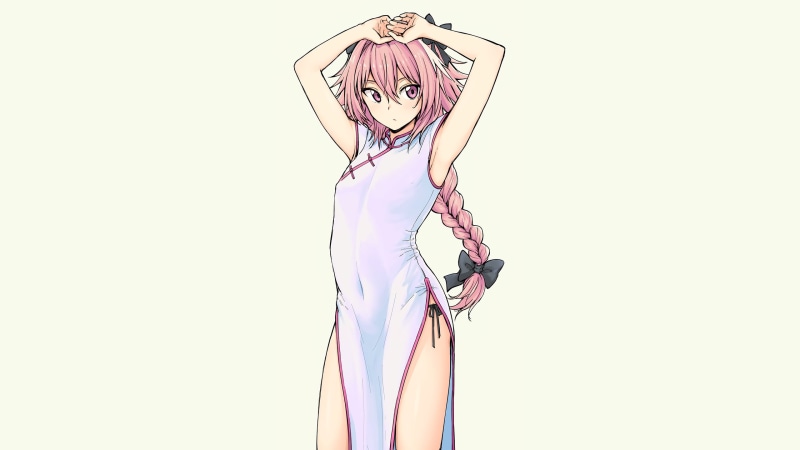 2K, femboy, long hair, sleeveless, braided hair, hair bows, pink hair, pink eyes, paxiti, Fate/Apocrypha, anime, armpits, Chinese dress, Astolfo (Fate/Apocrypha)