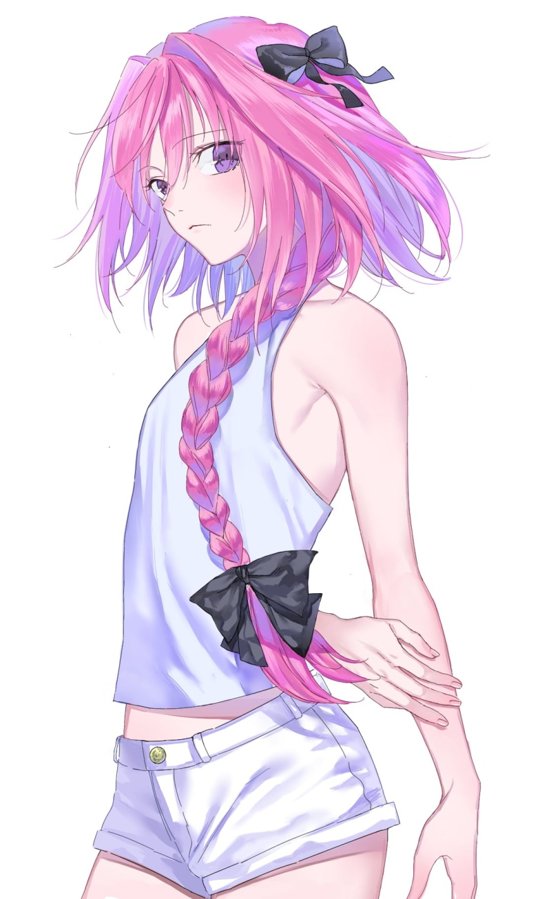 femboy, looking at viewer, nipi27, Fate/Apocrypha, anime, curvy, black ribbons, Fate Series, long hair, Fate/Grand Order, 2D, simple background, belly
