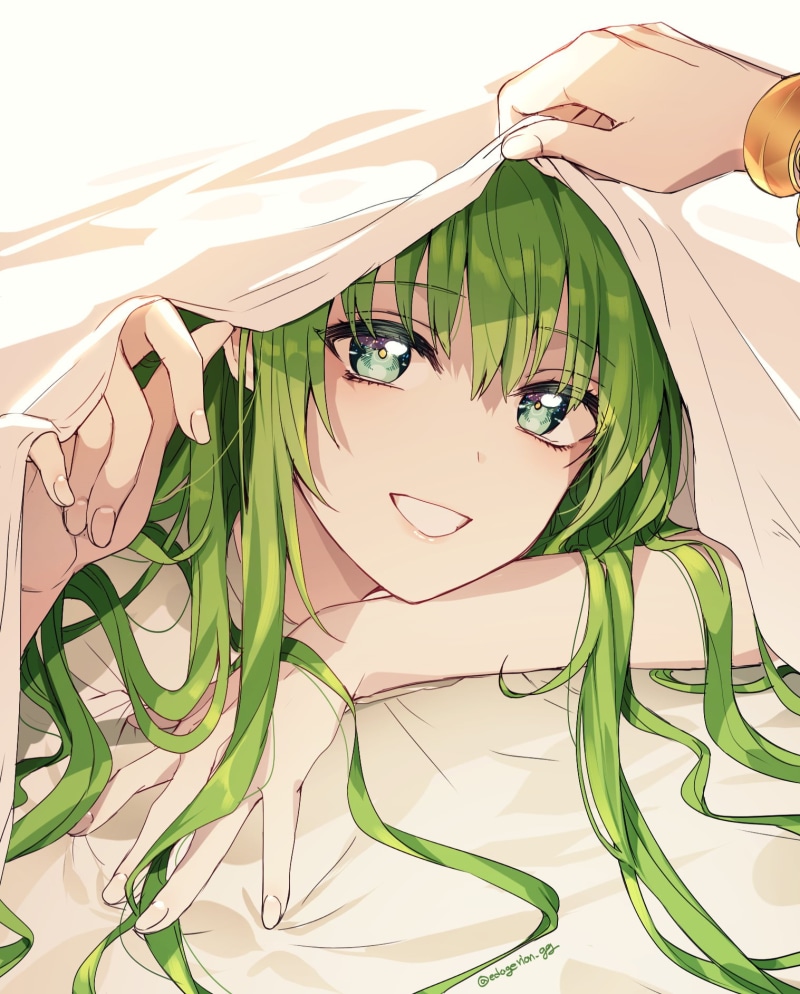 2D, Fate/Grand Order, anime boys, long hair, green hair, Enkidu (FGO), looking at viewer, fan art, Fate Series, green eyes, 720P, smiling, vertical, white bed sheets