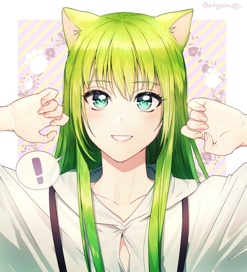 anime boys, green hair, green eyes, 2K, 2D, blushing, Fate/Grand Order, looking at viewer, long hair, smiling, nekomimi, fan art, FGO, Enkidu (FGO), Fate