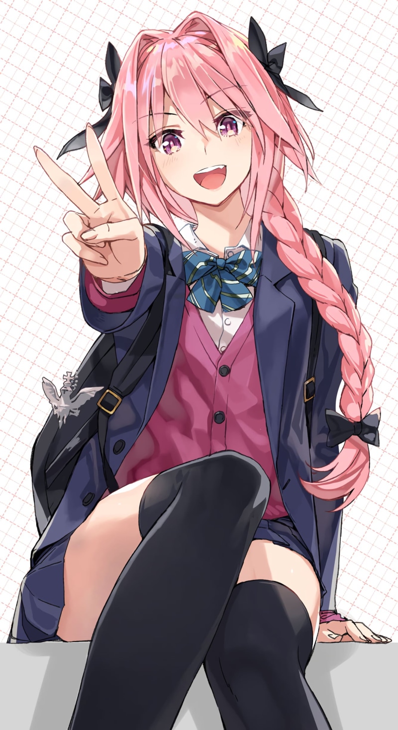 pink hair, white hair, 1080P, cardigan, femboy, french braid, blushing, anime, bicolored hair, braided hair, Fate/Grand Order, crossdressing, arm support
