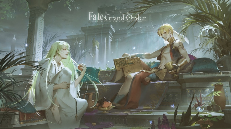 green hair, Fate/Grand Order, Fate Series, short hair, Gilgamesh, abs, long hair, 2D, apples, blond hair, 2K, Enkidu (FGO), yellow eyes, open mouth, fan art