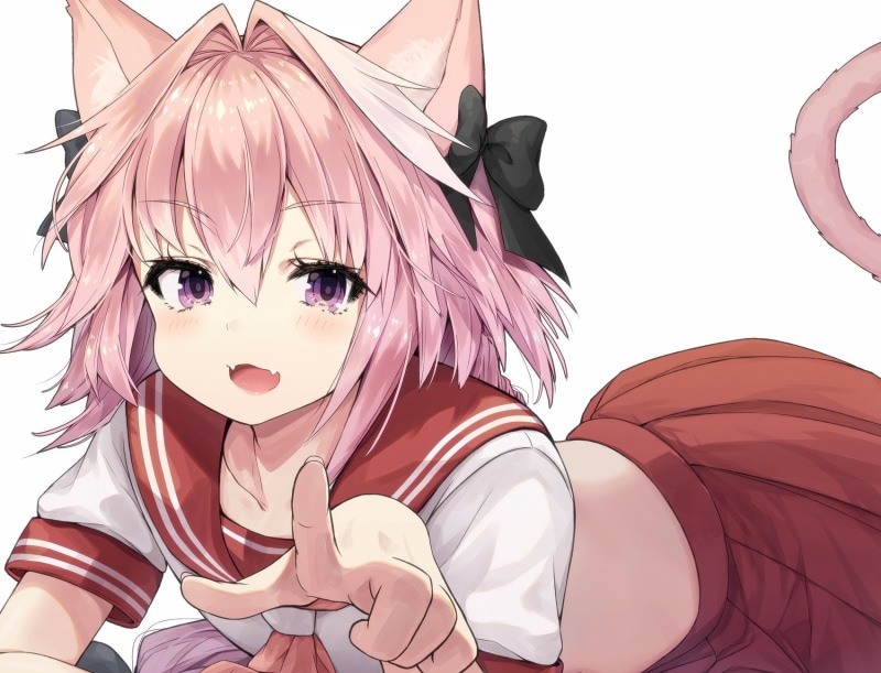 Fate/Apocrypha, solo, 720P, simple background, fangs, cat boy, pink hair, cat tail, artwork, smile, sailor uniform, looking at viewer, Fate Series, red skirt