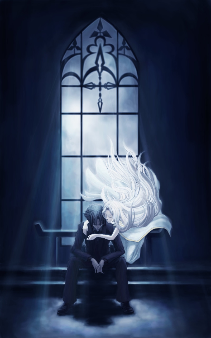window, Irisviel von Einzbern, anime, clouds, Fate Series, Kiritsugu Emiya, smiling, vertical, black hair, 4K, couple, bangs, fan art, messy hair, short hair