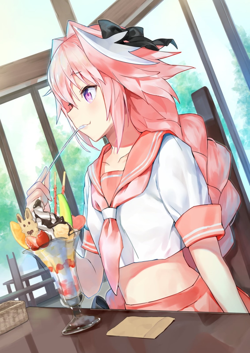 hair in face, french braid, fan art, short sleeves, Fate Series, purple eyes, curvy, cafe, men outdoors, anime boys, bicolored hair, pink hair, bangs, 2D