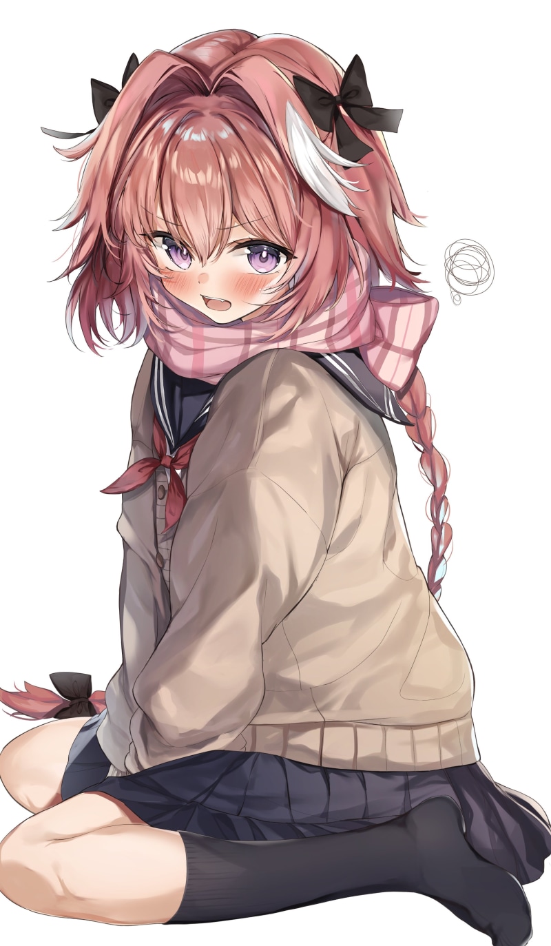 french braid, winter, FGO, Astolfo (Fate/Apocrypha), simple background, hair in face, anime boys, Fate/Apocrypha, looking at viewer, vertical, black socks