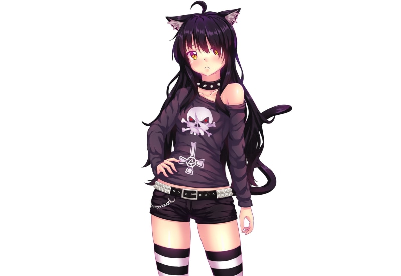 shorts, yellow eyes, Gothic, simple background, choker, animal ears, cat girl, tail, white background, chains, black hair, 1080P, thigh-highs, long hair