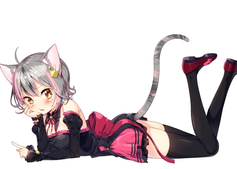 gray hair, adult, short hair, anime girls, white background, legs, blushing, tail, studio shot, lifestyles, females, lying down, full length, indoors, young adult