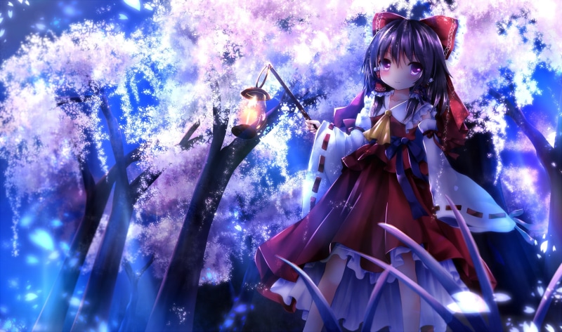 tree, anime girls, leisure activity, Japanese kimono, holding, arts culture and entertainment, 2K, one person, anime, nature, Hakurei Reimu, clothing