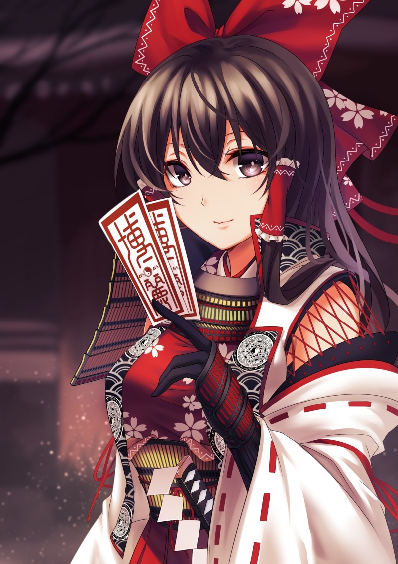 fashion, Japanese clothes, anime, Hakurei Reimu, long hair, portrait, Touhou, mask - disguise, human representation, people, sword, red, weapon, mask, representation