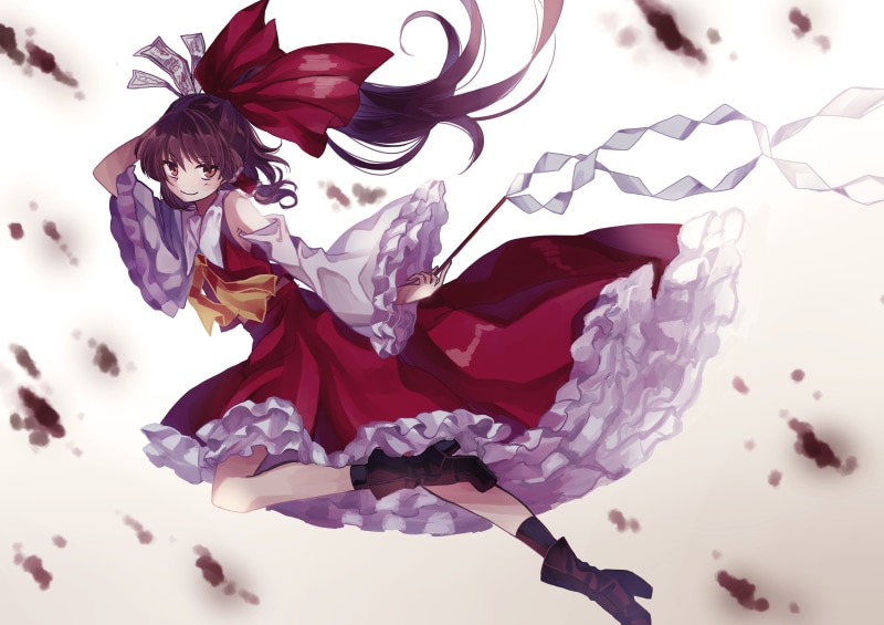 brown eyes, anime, Touhou, boots, Japanese clothes, long hair, 4K, brunette, anime girls, Hakurei Reimu