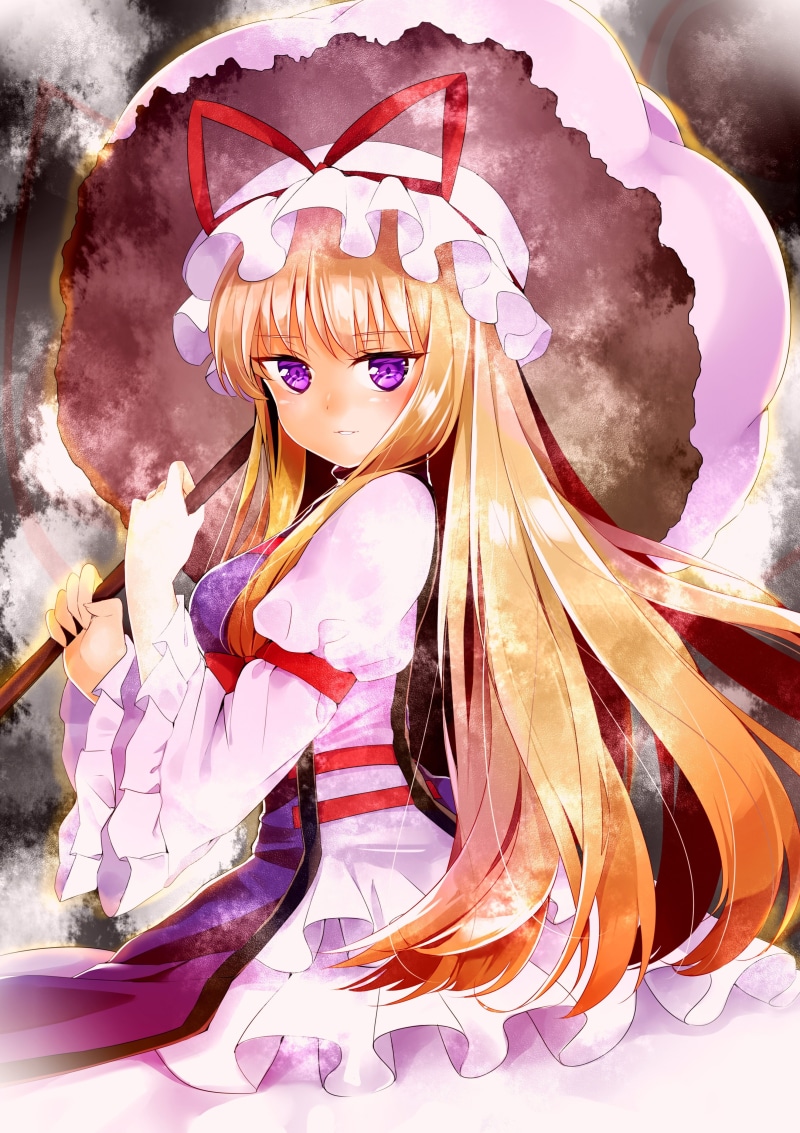 Touhou, anime, 4K, purple eyes, umbrella, long hair, Yakumo Yukari, anime girls, blonde, dress