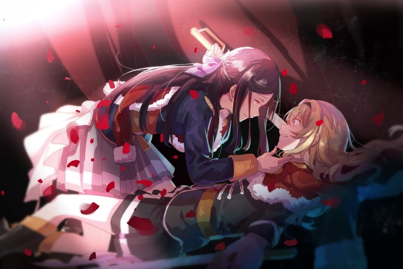 yellow eyes, long hair, shoujo ai, weapon, skirt, black hair, blonde, 720P