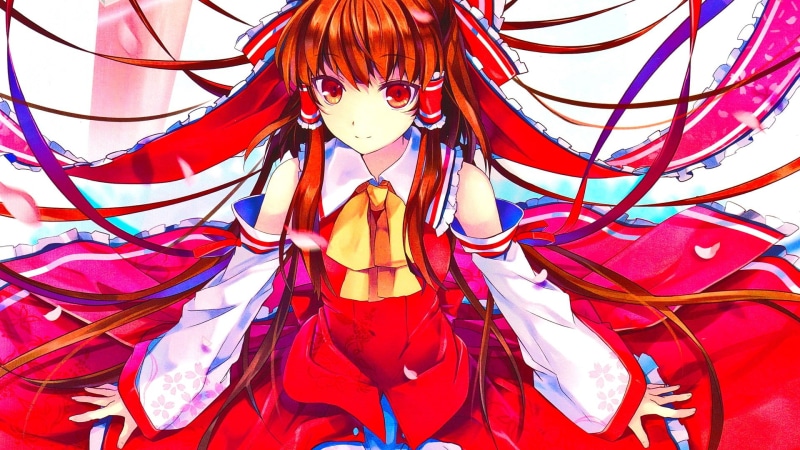 multi colored, long hair, females, smiling, red, creativity, girls, ribbon, leisure activity, Touhou, lifestyles, child, scarf, looking at viewer, real people