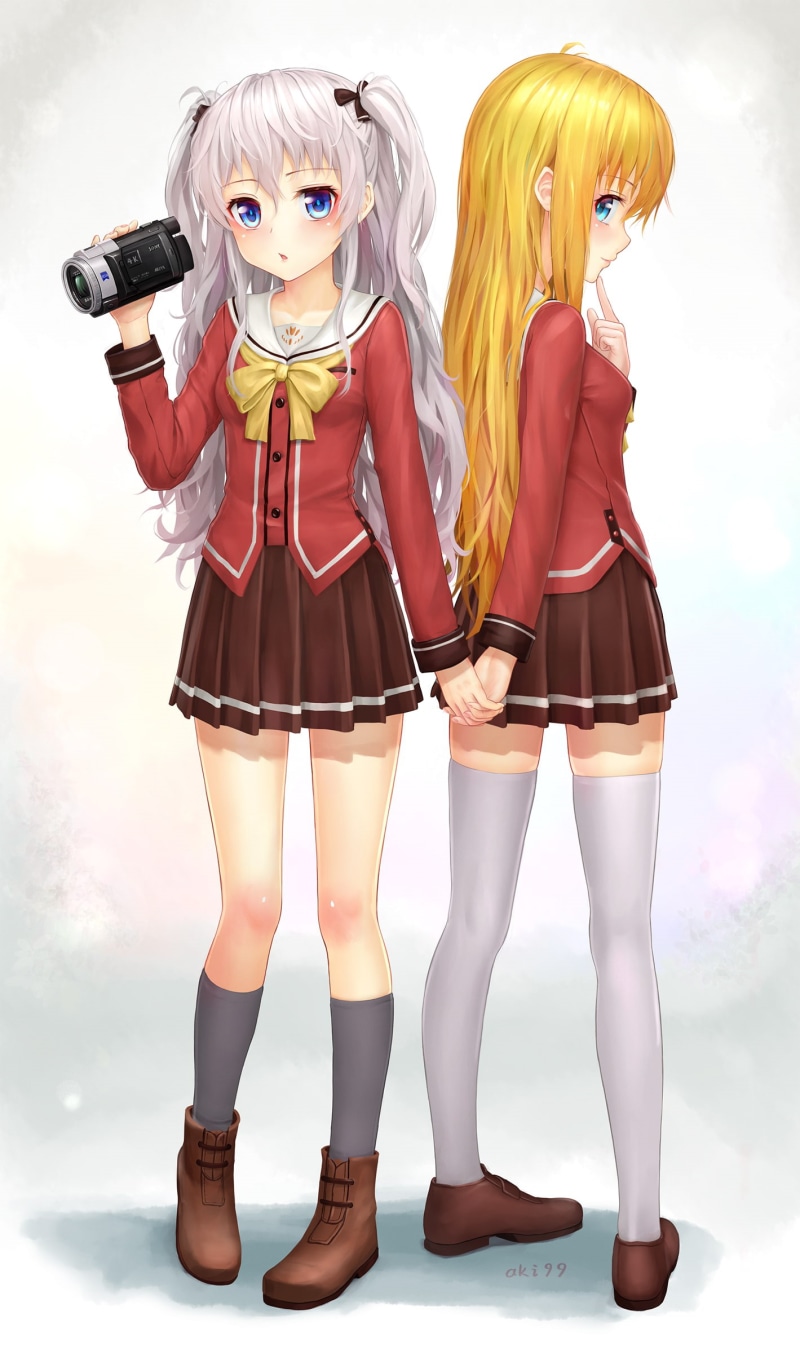 aki99, school uniform, full length, women, standing, portrait, celebration, girls, studio shot, loli, Tomori Nao, thigh-highs, offspring, child, people