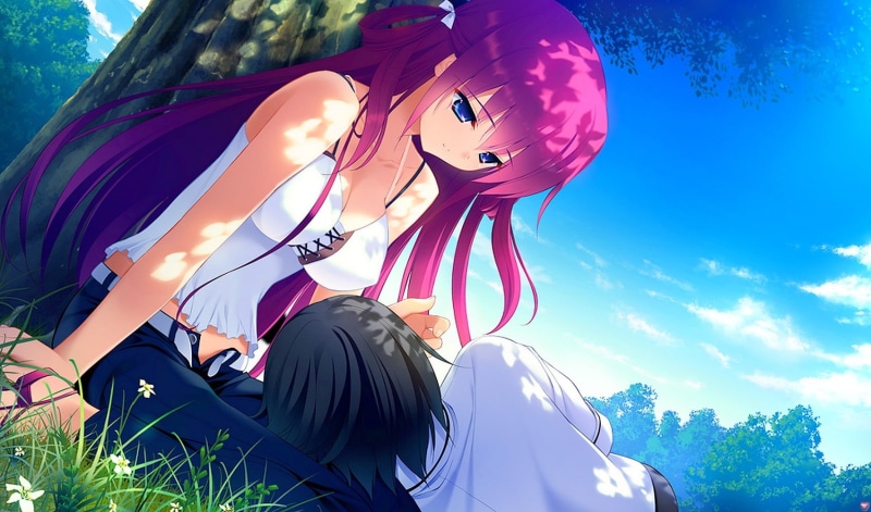 Grisaia no Kajitsu, day, plant, nature, women, real people, anime girls, rear view, Suou Amane, low angle view, Kazami Yuuji, hairstyle, cloud - sky, sitting