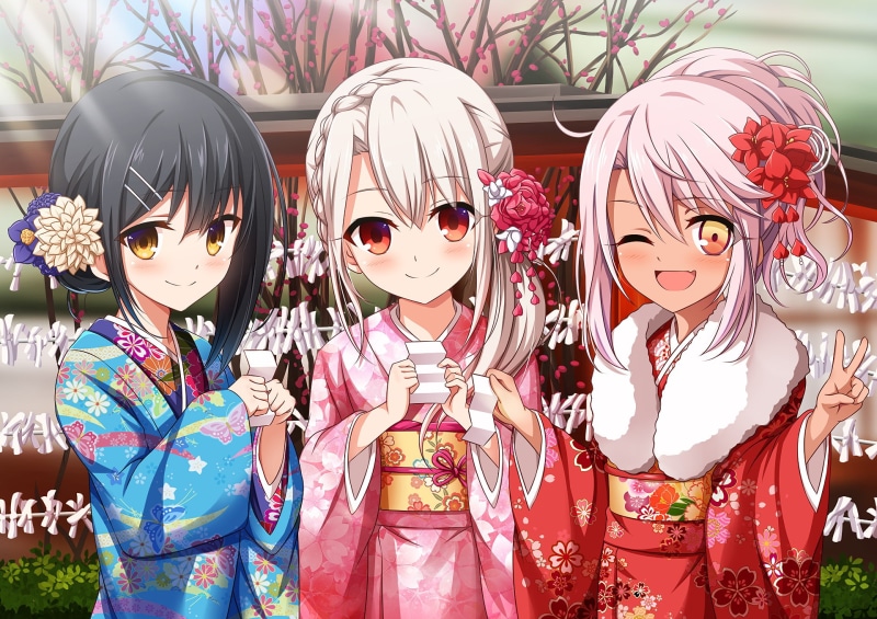Yellow Eyes, Miyu Edelfelt, Kimono, Fate Series, Pink Hair, Orange Eyes, Flower, Smile, 1080P, Anime, Fate/kaleid liner Prisma Illya, Blush, Black Hair