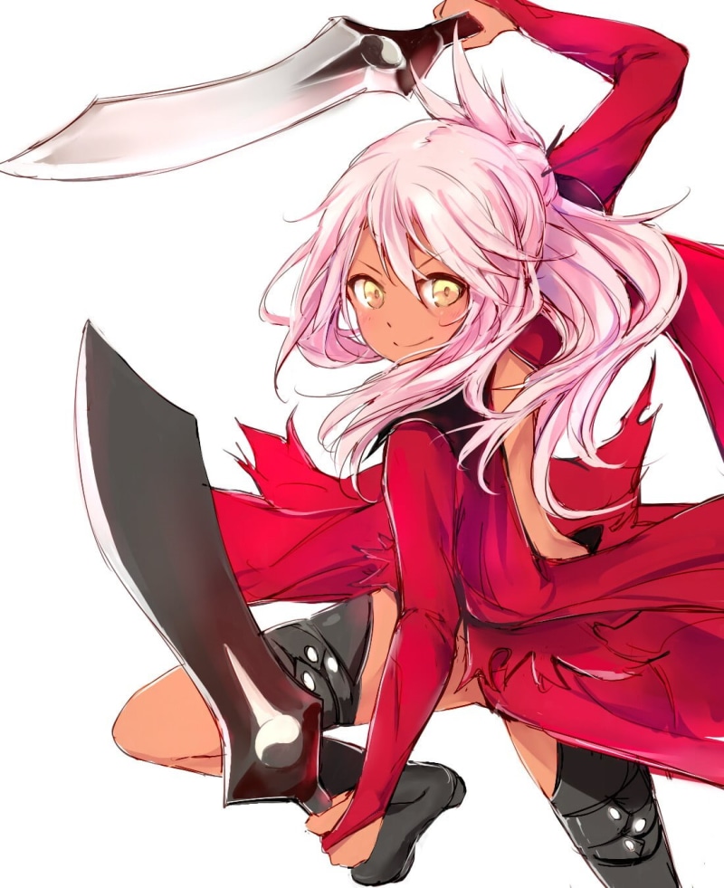 digital art, full length, hairstyle, looking at camera, Chloe von Einzbern, red, women, beautiful woman, anime, hair, beauty, white background, adult, studio shot