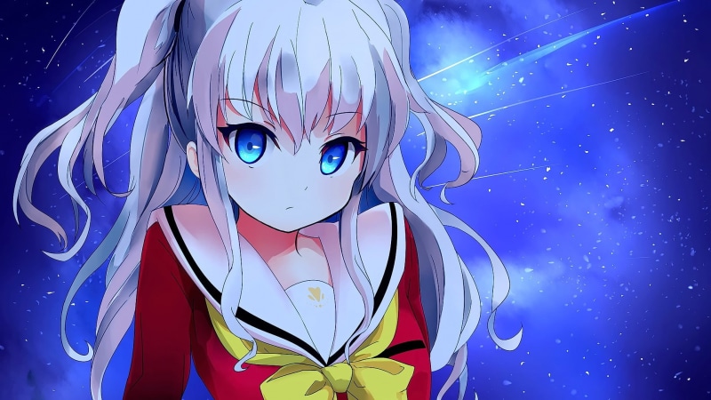 1080P, Charlotte (anime), Tomori Nao, long hair, white hair, looking at viewer, anime girls, Tomonori Nao, school uniform, blue eyes, anime
