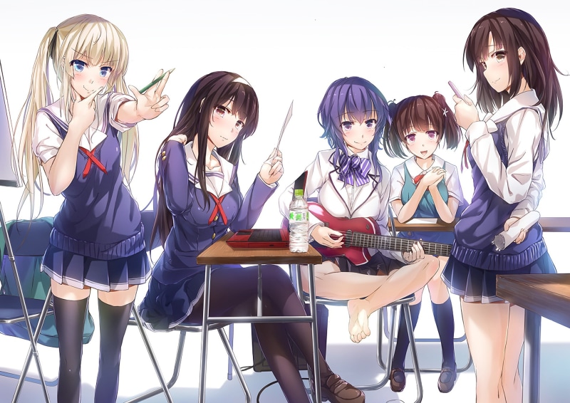 Megumi Katō, Izumi Hashima, group of people, music, Anime, musical instrument, white background, Michiru Hyoudou, teenager, friendship, three quarter length