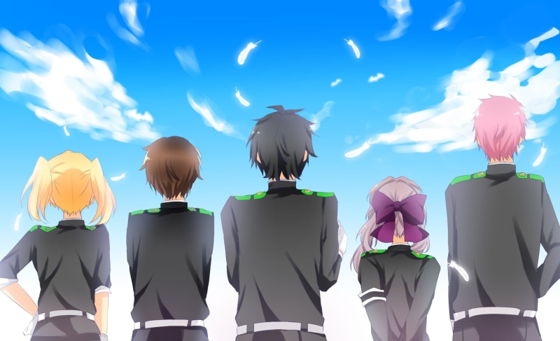 1080P, Uniform, Yūichirō Hyakuya, Shinoa Hīragi, Cloud, Sky, Brown Hair, Purple Hair, Shihō Kimizuki, Anime, Pink Hair, Seraph of the End, Black Hair