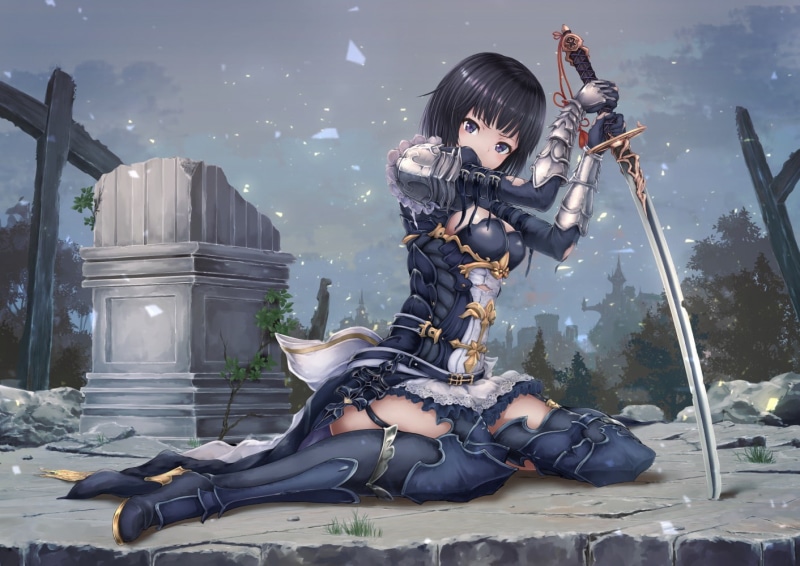 weapon, gloves, stockings, thigh-highs, torn clothes, sword, black hair, katana, anime girls, short hair, ruin, anime, trees, armor, 720P, skirt, purple eyes