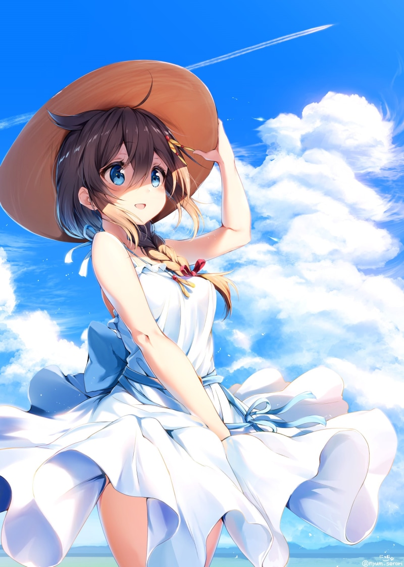 beauty, clothing, clouds, cute, lifestyles, long hair, females, young women, anime girls, ahoge, 1080P, cloud - sky, women, real people, blushing, portrait