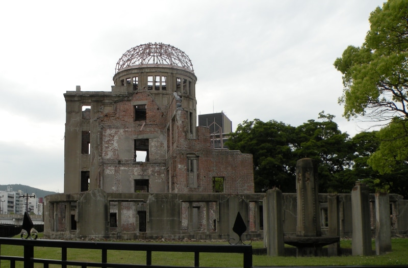 no people, building exterior, religion, dome, fence, symbols, protection, boundary, cloud - sky, hiroshima peace memorial, memorial, a-dome, the past, outdoors