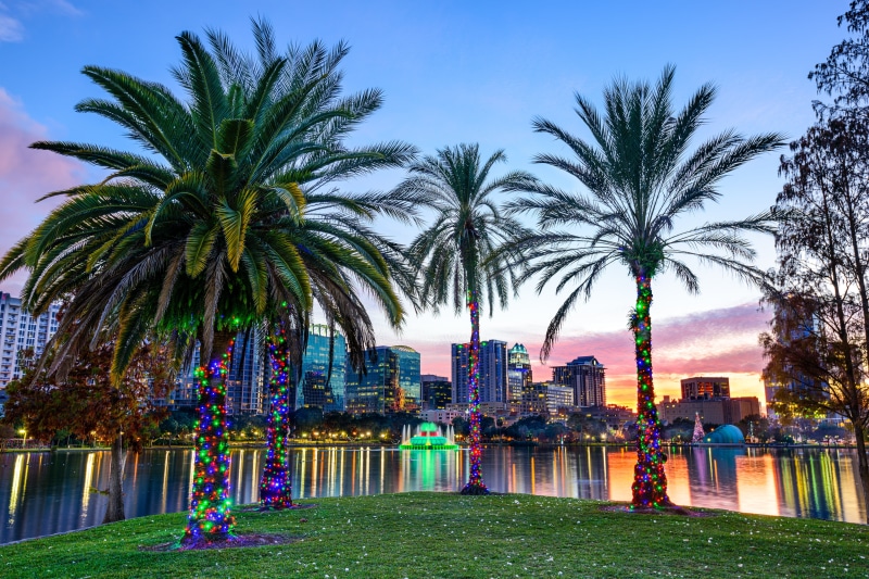 Lake Eola Park, Florida, outdoors, field, Orlando, skyscraper, lake, sky, trees, no people, plant, building exterior, 5K, nature, modern, city, palm tree