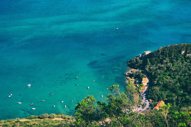 river, plant, water, lake, coastline, tranquil scene, tree, land, arrabida, turquoise colored, boat, scenics - nature, rio sado, forest, tranquility, aerial view